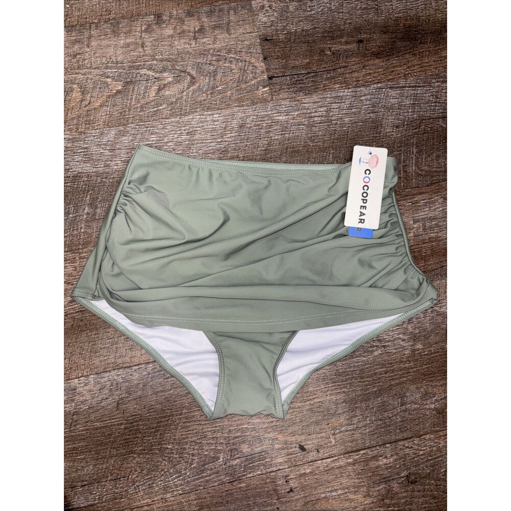 Cocopear Women High Waisted Ruched Swim Bottoms L Green New Stretch